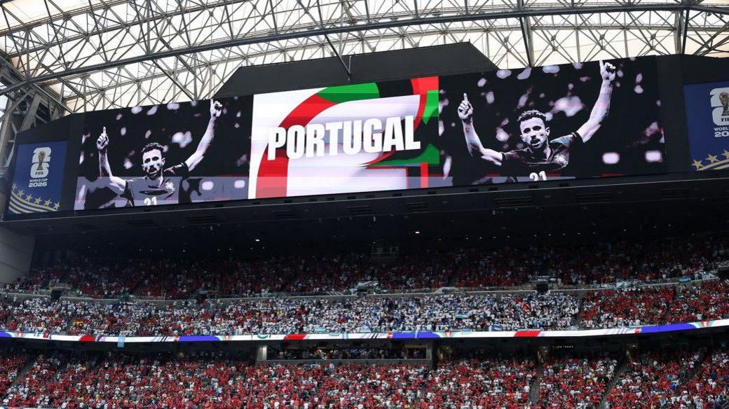 A picture of former Portugal forward Diogo Jota appears on the big screen at Houston Stadium before the World Cup match between Portugal and Uzbekistan on 23 June