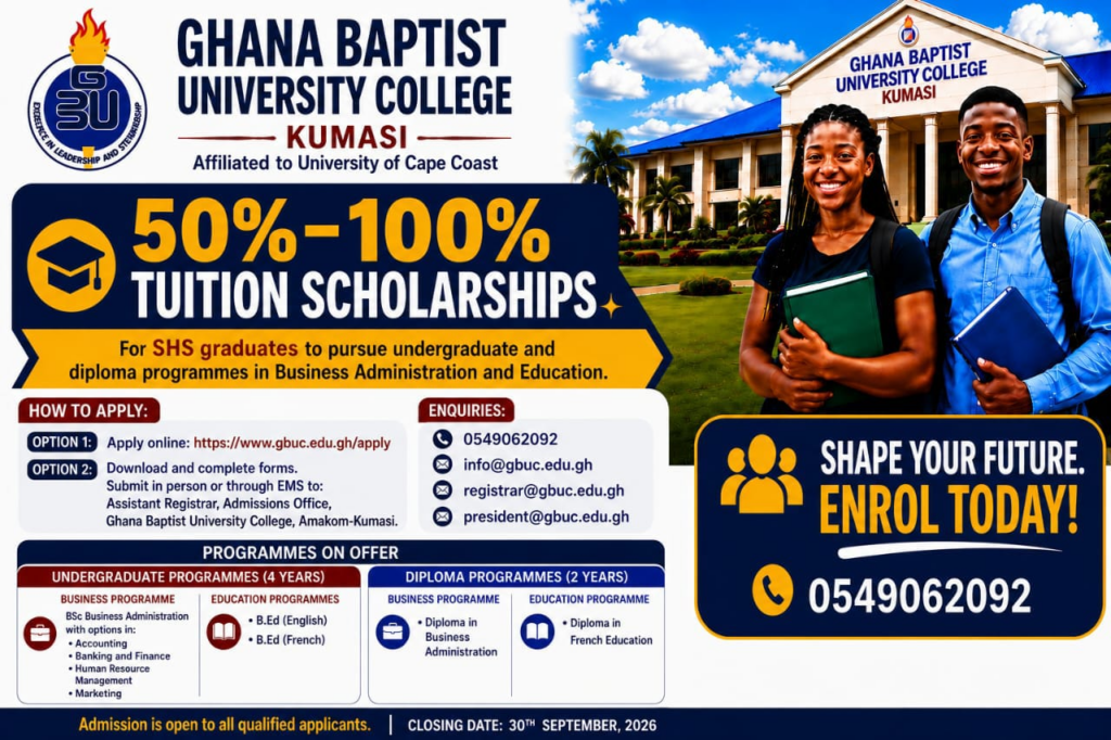 Ghana Baptist University College offers 50–100% tuition scholarships to 2026 SHS leavers